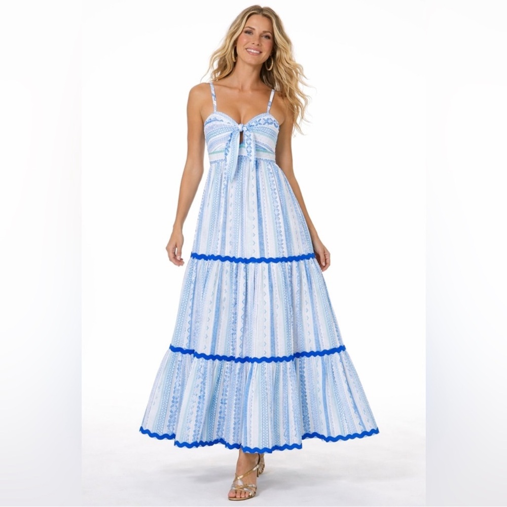 Tori Richard Borderline Zuri Blue Patterned
Cotton Maxi Dress NWT